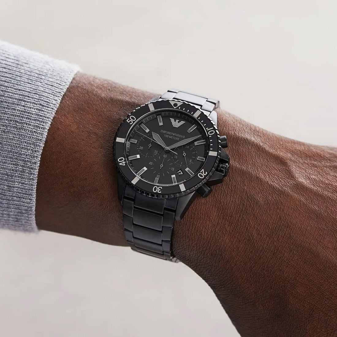 Emporio Armani AR11363 black diver watch on wrist