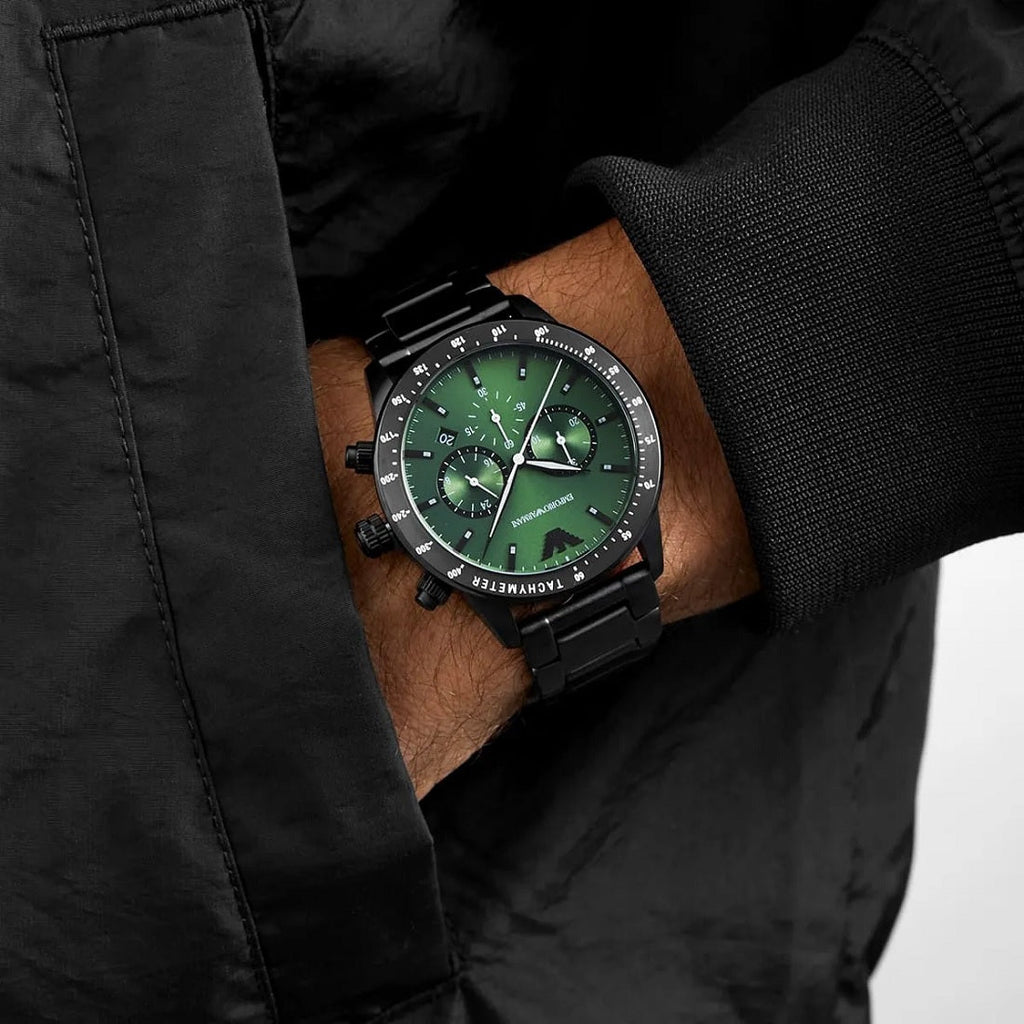 Emporio Armani AR11472 green dial watch close-up on wrist