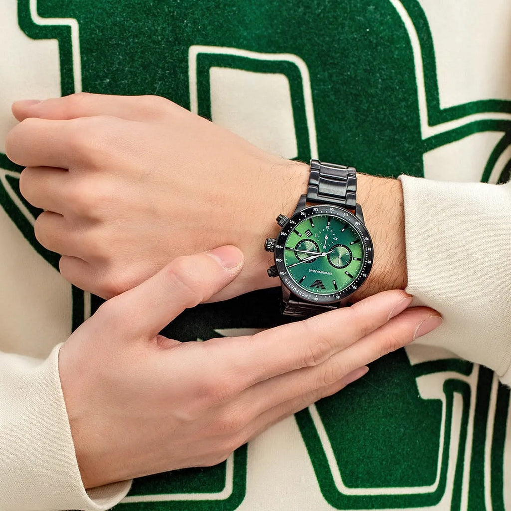 Emporio Armani AR11472 green dial watch on wrist