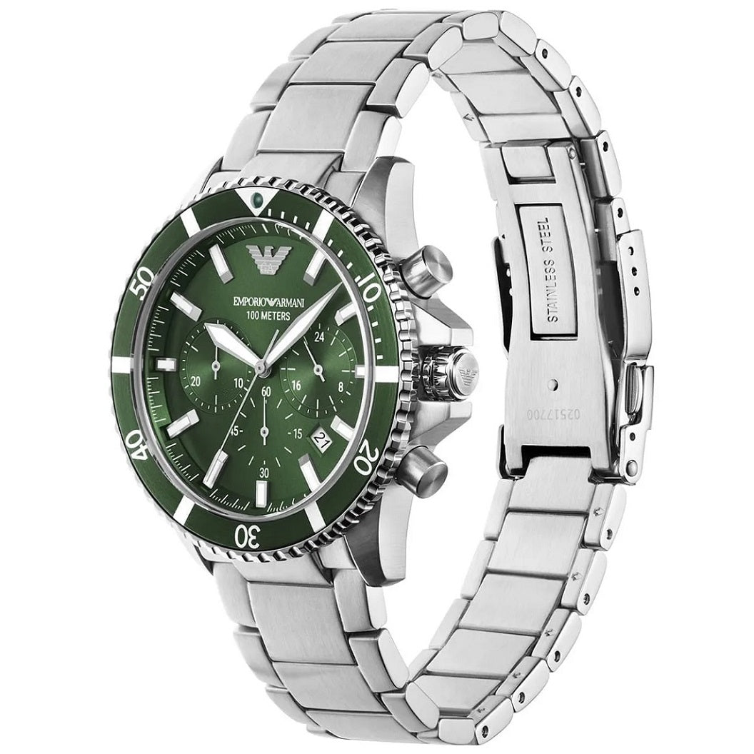 Emporio Armani AR11500 Diver watch 45-degree view with green dial