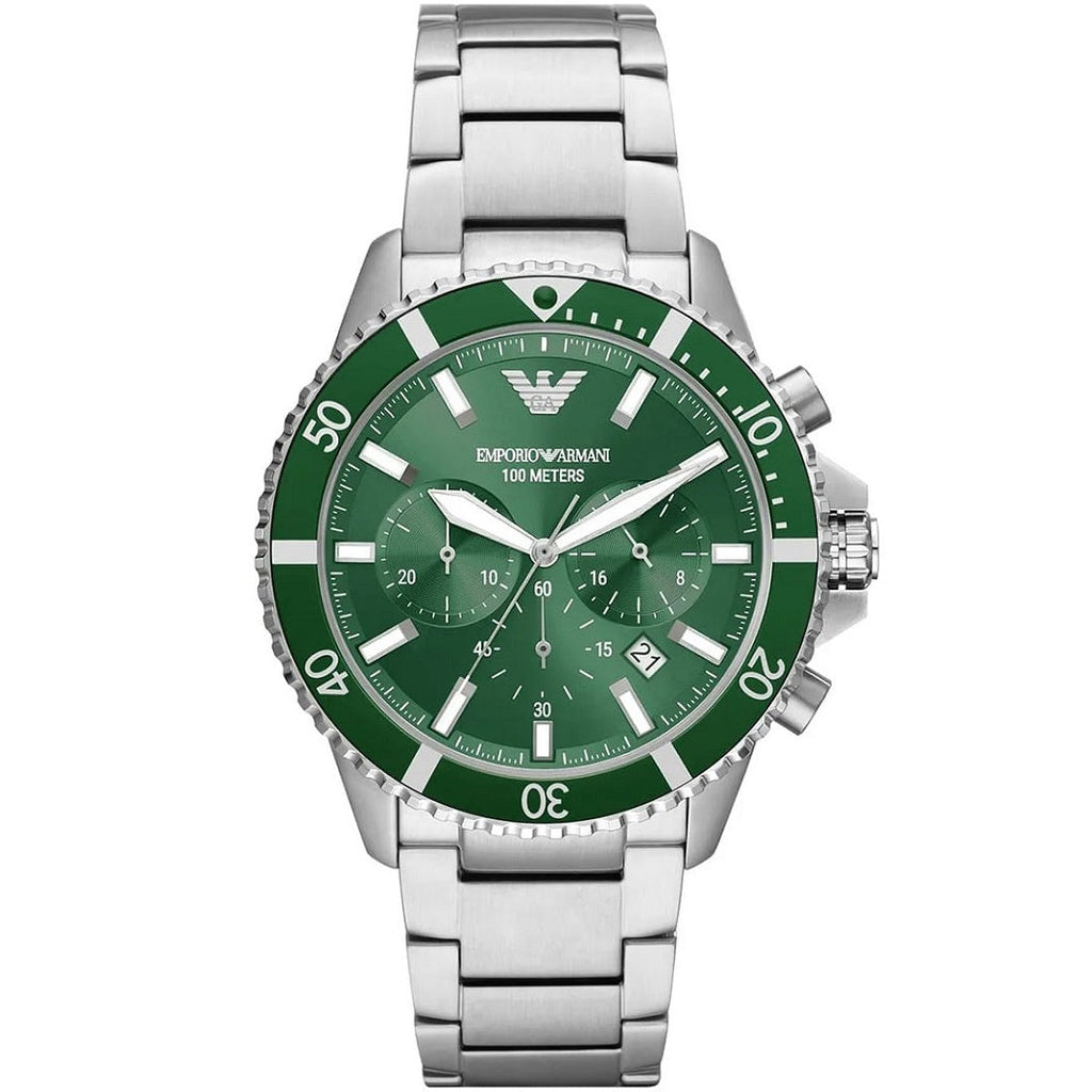 Emporio Armani AR11500 Diver men’s watch with green dial and silver stainless steel bracelet