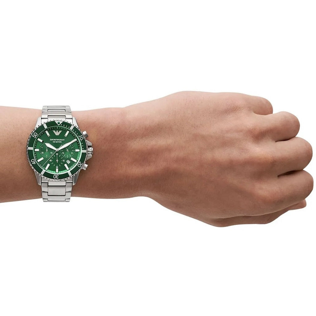 Emporio Armani AR11500 Diver watch on wrist with green dial