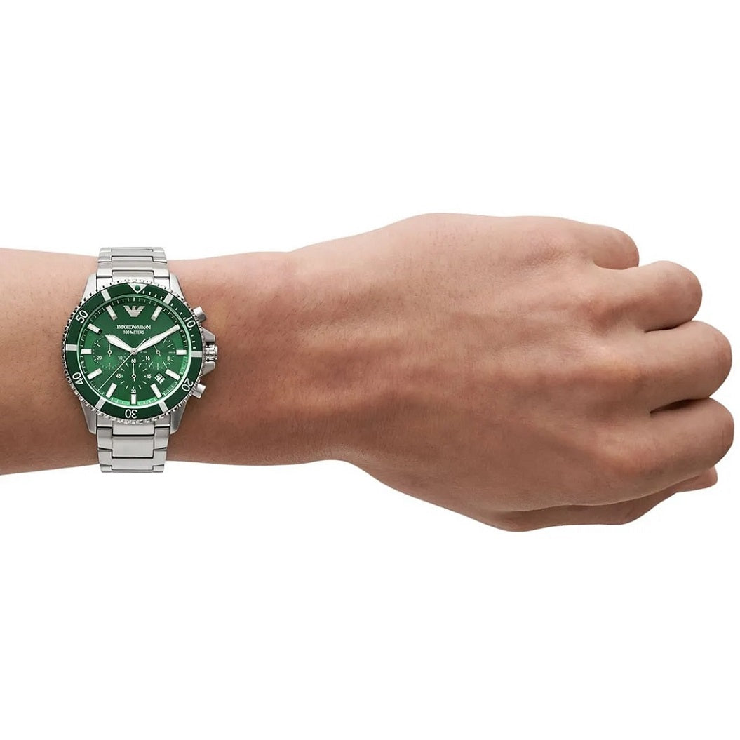 Emporio Armani AR11500 Diver watch on wrist with green dial