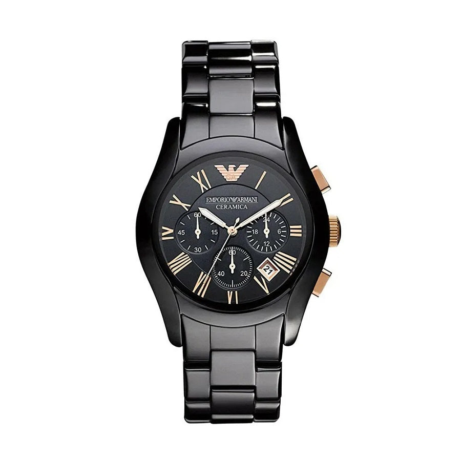 Emporio Armani AR1410 Valente black ceramic watch front view with black dial