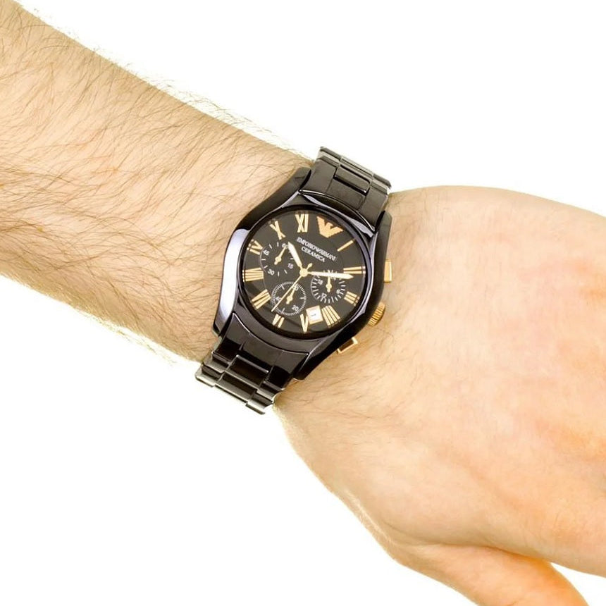 Emporio Armani AR1410 black ceramic watch on wrist