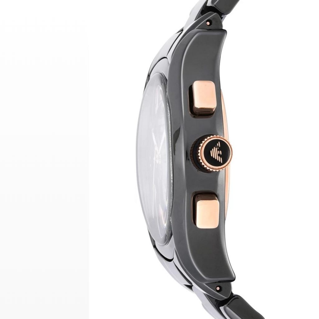 Emporio Armani AR1410 black ceramic watch side profile with black dial