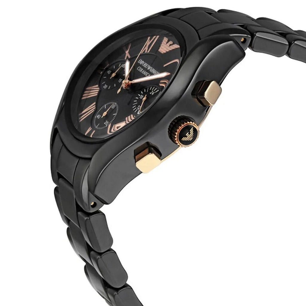 Emporio Armani AR1411 angled view with black ceramic bracelet and black dial