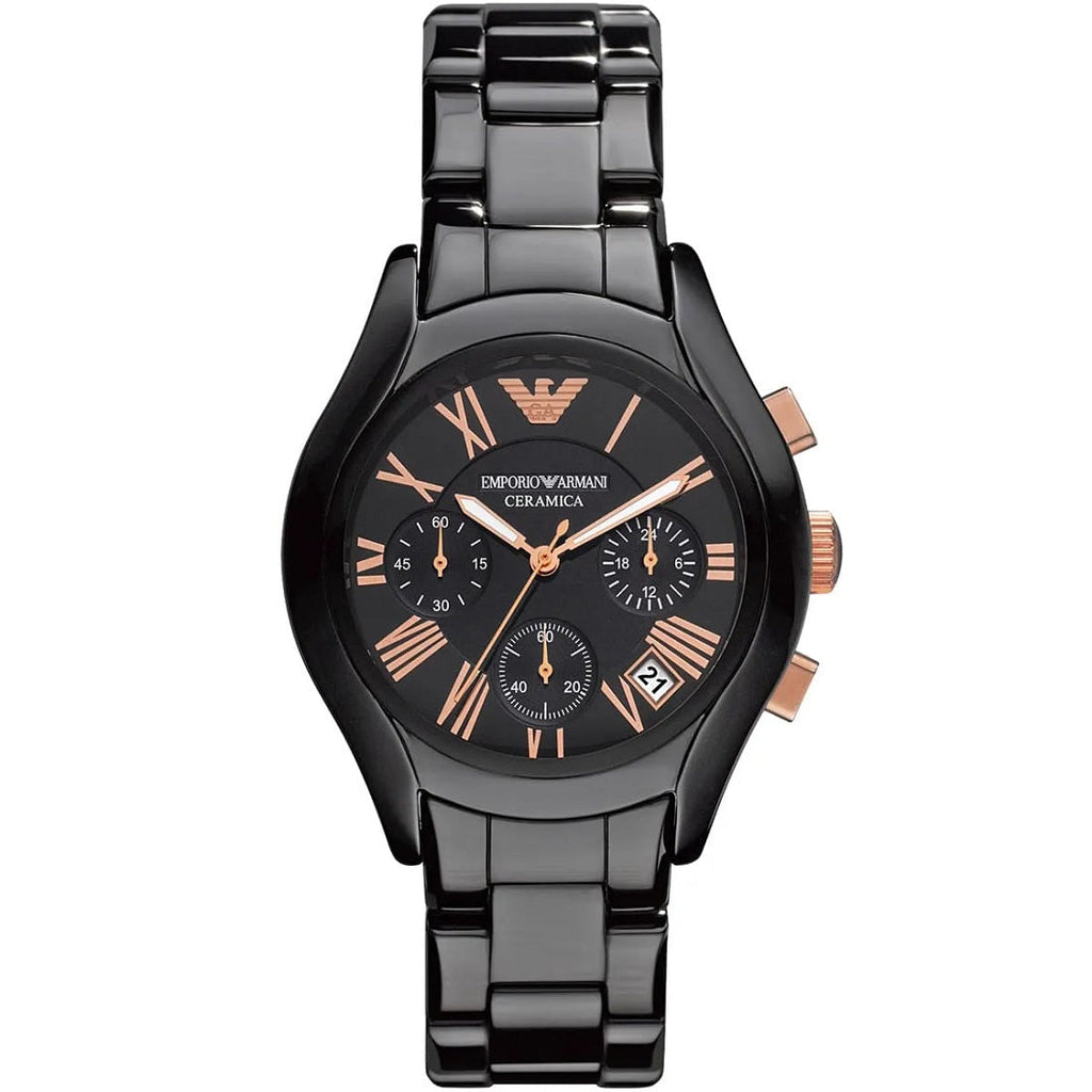 Emporio Armani AR1411 Valente black ceramic watch front view with black dial