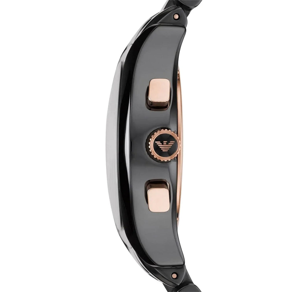 Emporio Armani AR1411 side profile with black ceramic bracelet and black dial