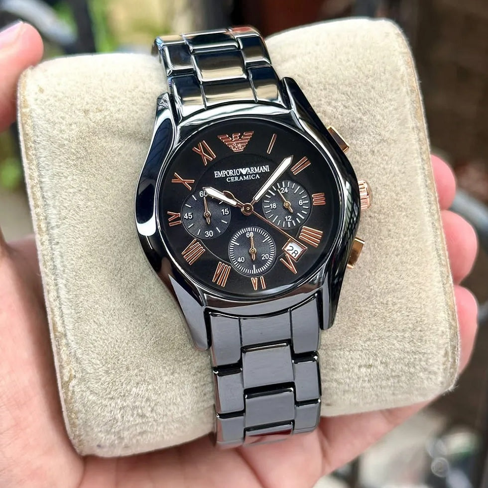 Emporio Armani AR1411 Valente watch on pillow with black ceramic bracelet