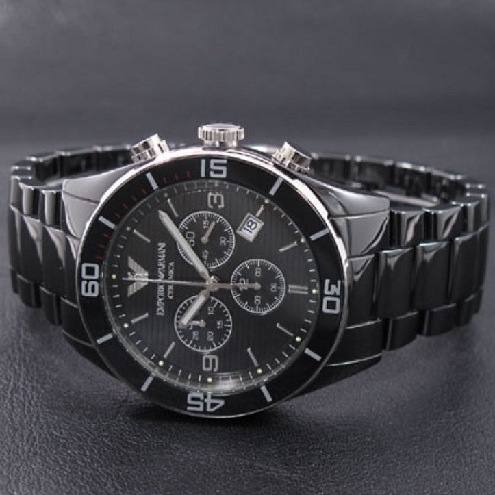 Emporio Armani AR1421 watch with black ceramic bracelet and black dial