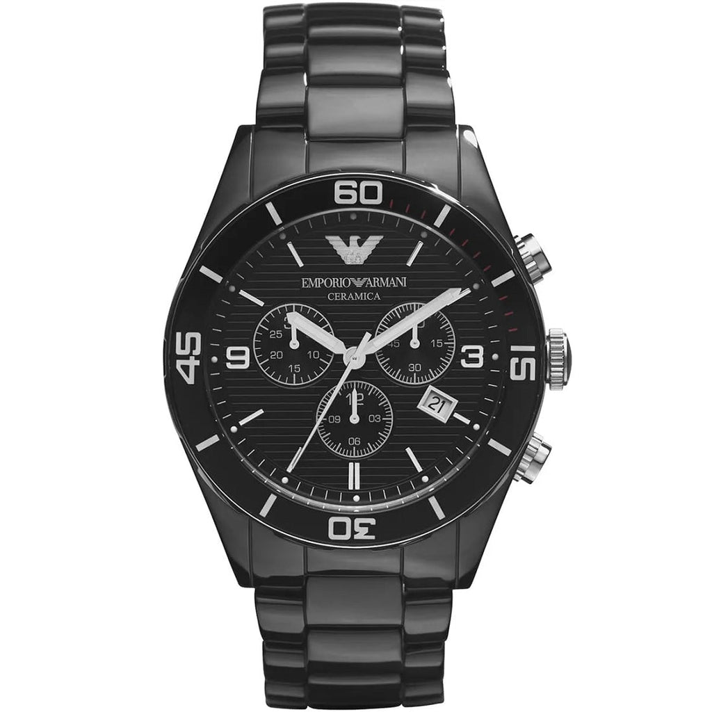 Emporio Armani AR1421 Leo black ceramic watch front view with black dial