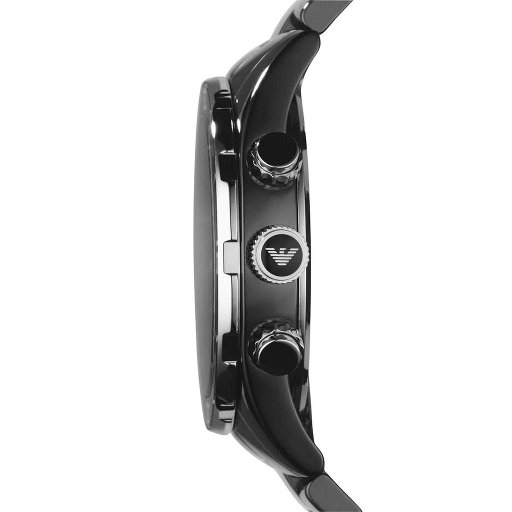 Emporio Armani AR1421 black ceramic watch side profile with black dial