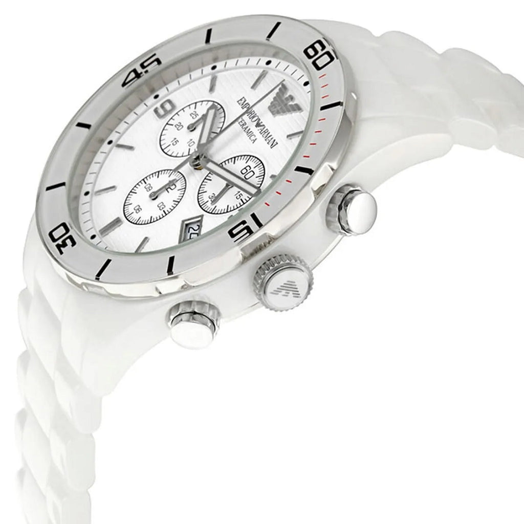 Emporio Armani AR1424 Leo white ceramic watch angled view