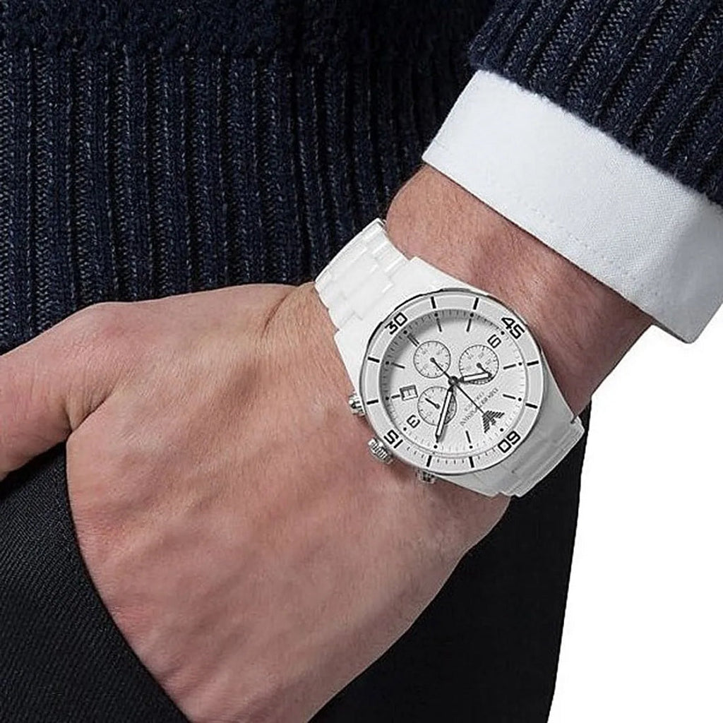 Emporio Armani AR1424 white ceramic strap watch on wrist