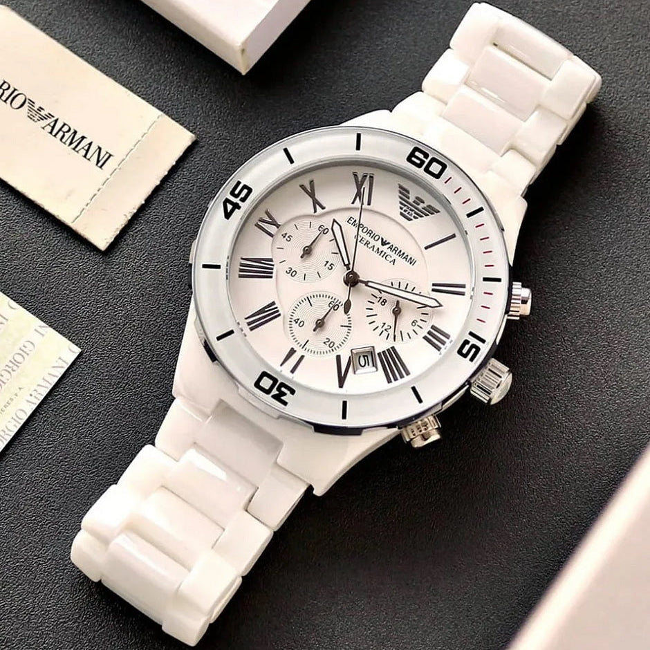 Emporio Armani AR1424 Leo watch with white ceramic strap and white dial