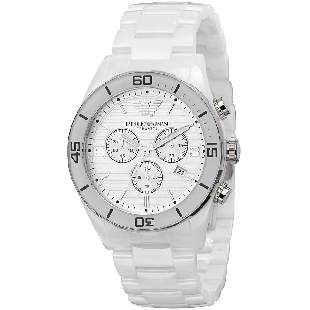 Emporio Armani AR1424 Leo white ceramic watch close-up with white dial