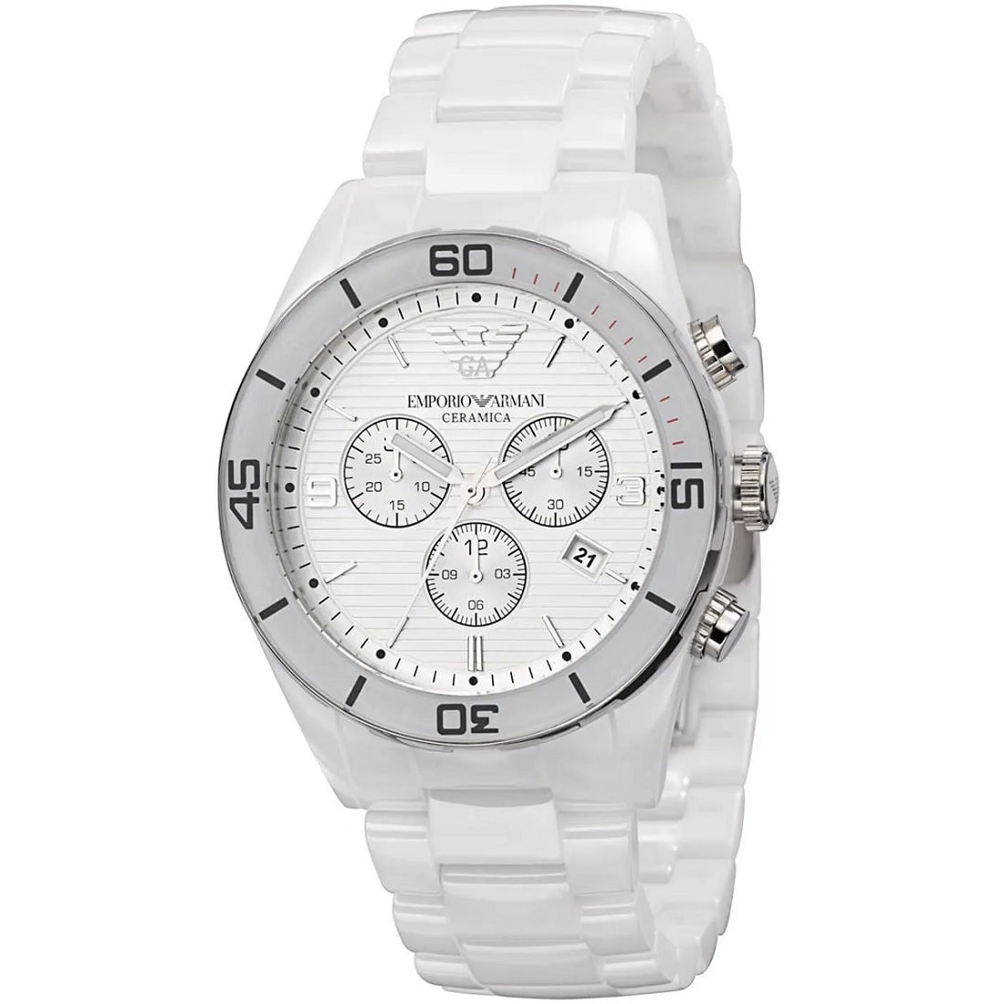 Emporio Armani AR1424 Leo white ceramic watch close-up with white dial