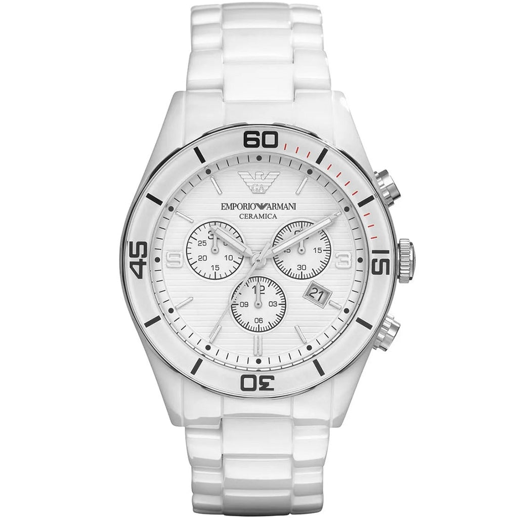 Emporio Armani AR1424 Leo white ceramic watch front view with white dial