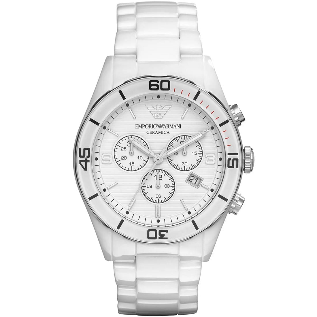 Emporio Armani AR1424 Leo white ceramic watch front view with white dial