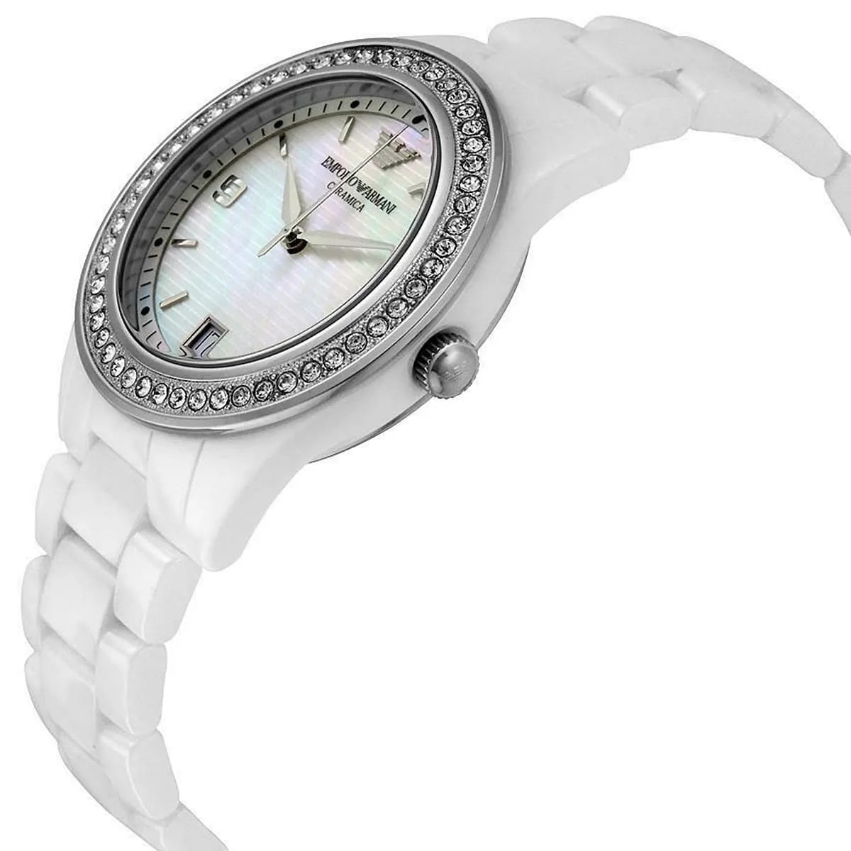 Emporio Armani AR1426 white ceramic watch angled view with mother of pearl dial
