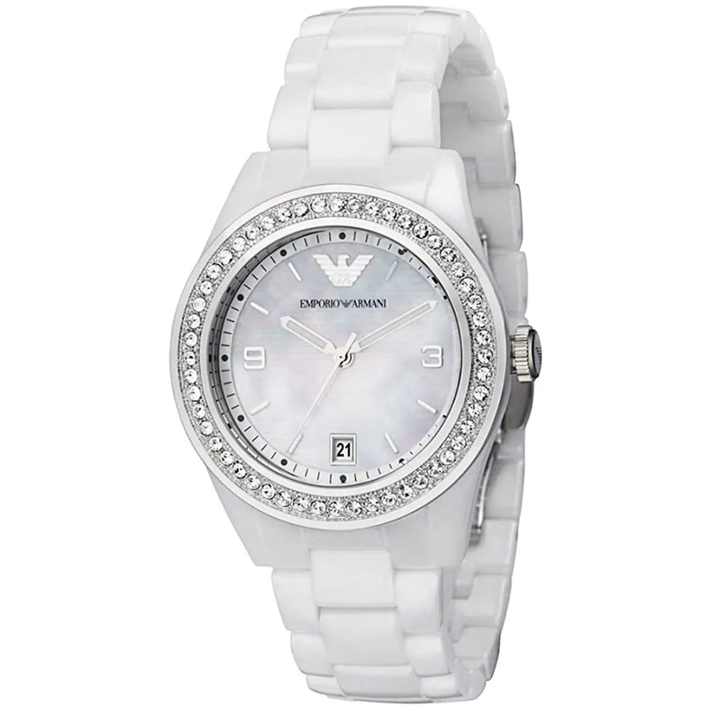 Emporio Armani AR1426 white ceramic watch close-up with mother of pearl dial and crystals
