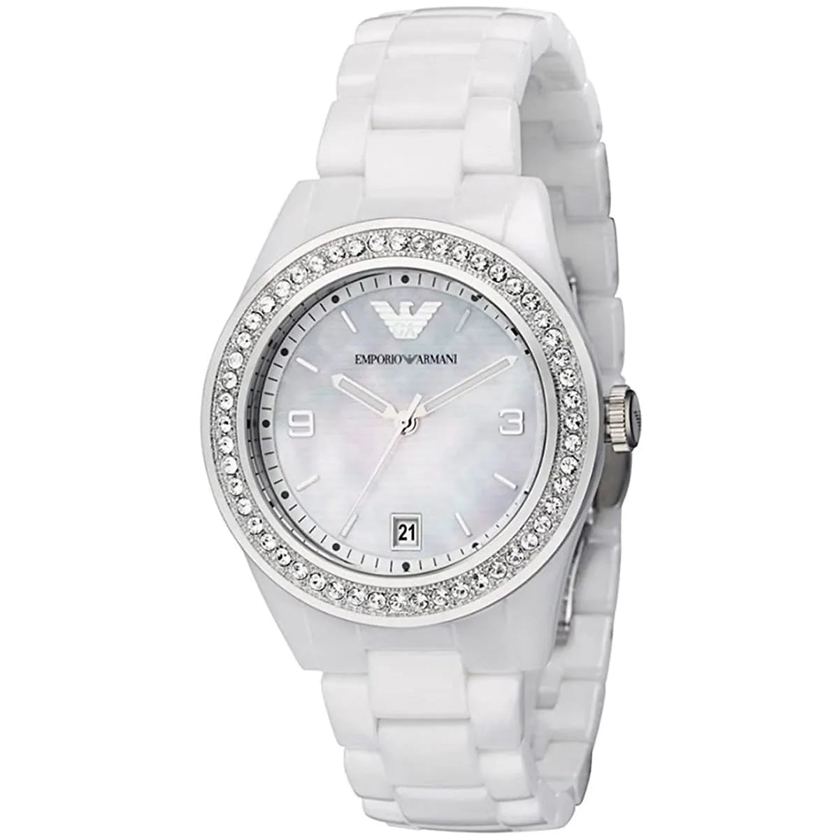 Emporio Armani AR1426 white ceramic watch close-up with mother of pearl dial and crystals