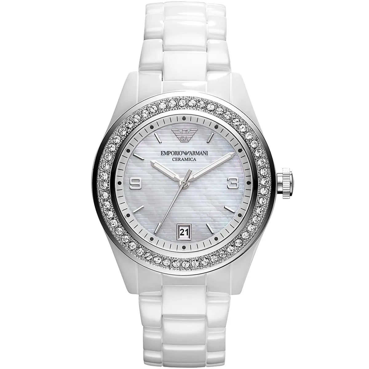 Emporio Armani AR1426 Ceramica white ceramic watch front view with mother of pearl dial