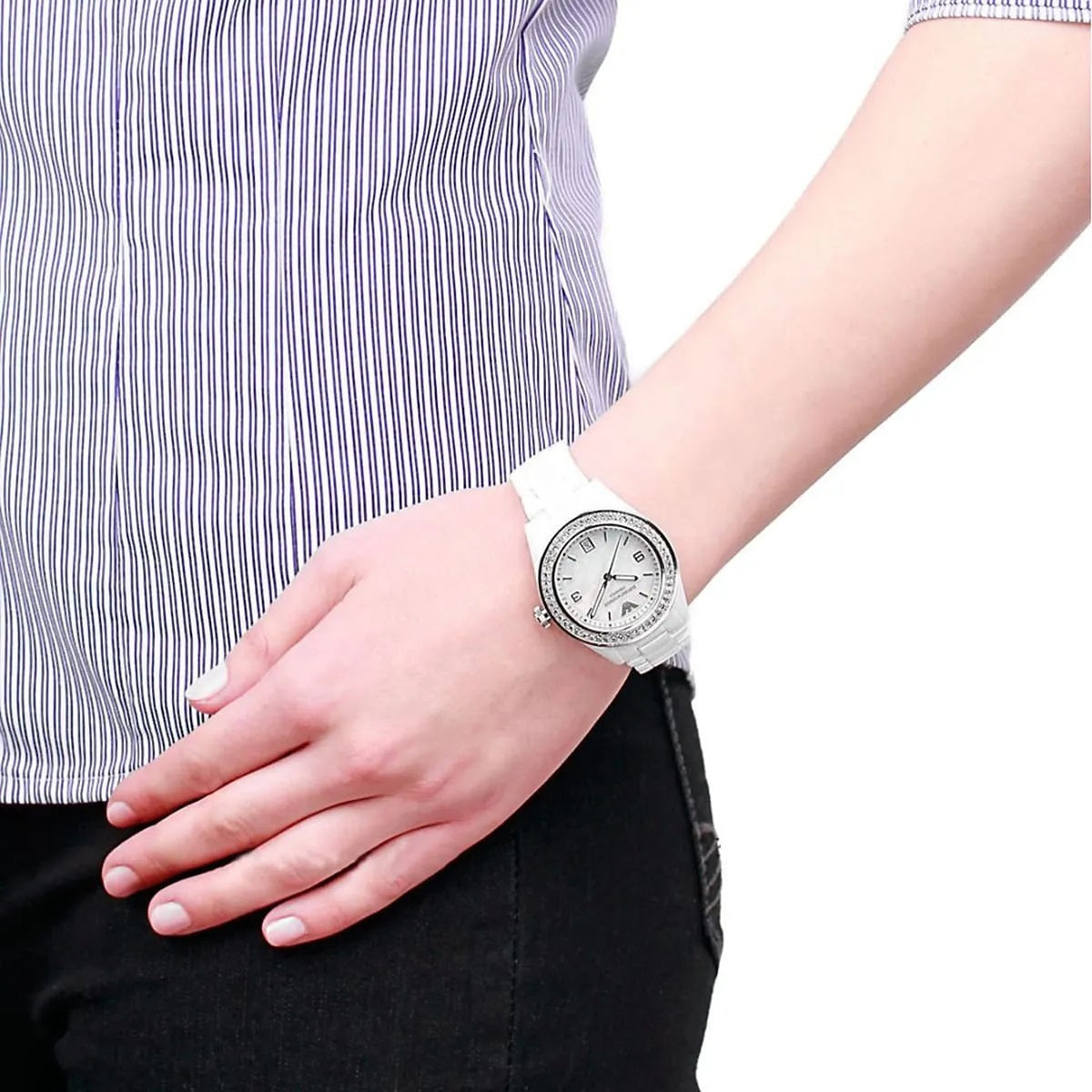 Emporio Armani AR1426 white ceramic watch on wrist with mother of pearl dial