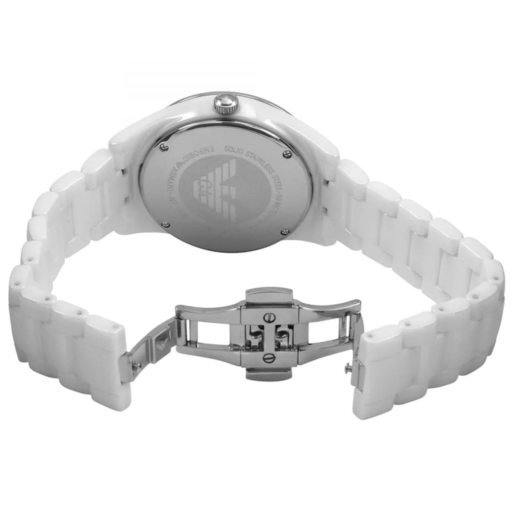 Emporio Armani AR1426 white ceramic watch opened clasp detail