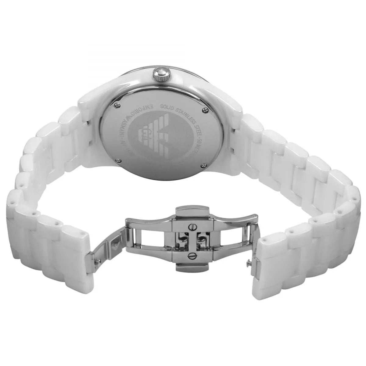 Emporio Armani AR1426 white ceramic watch opened clasp detail