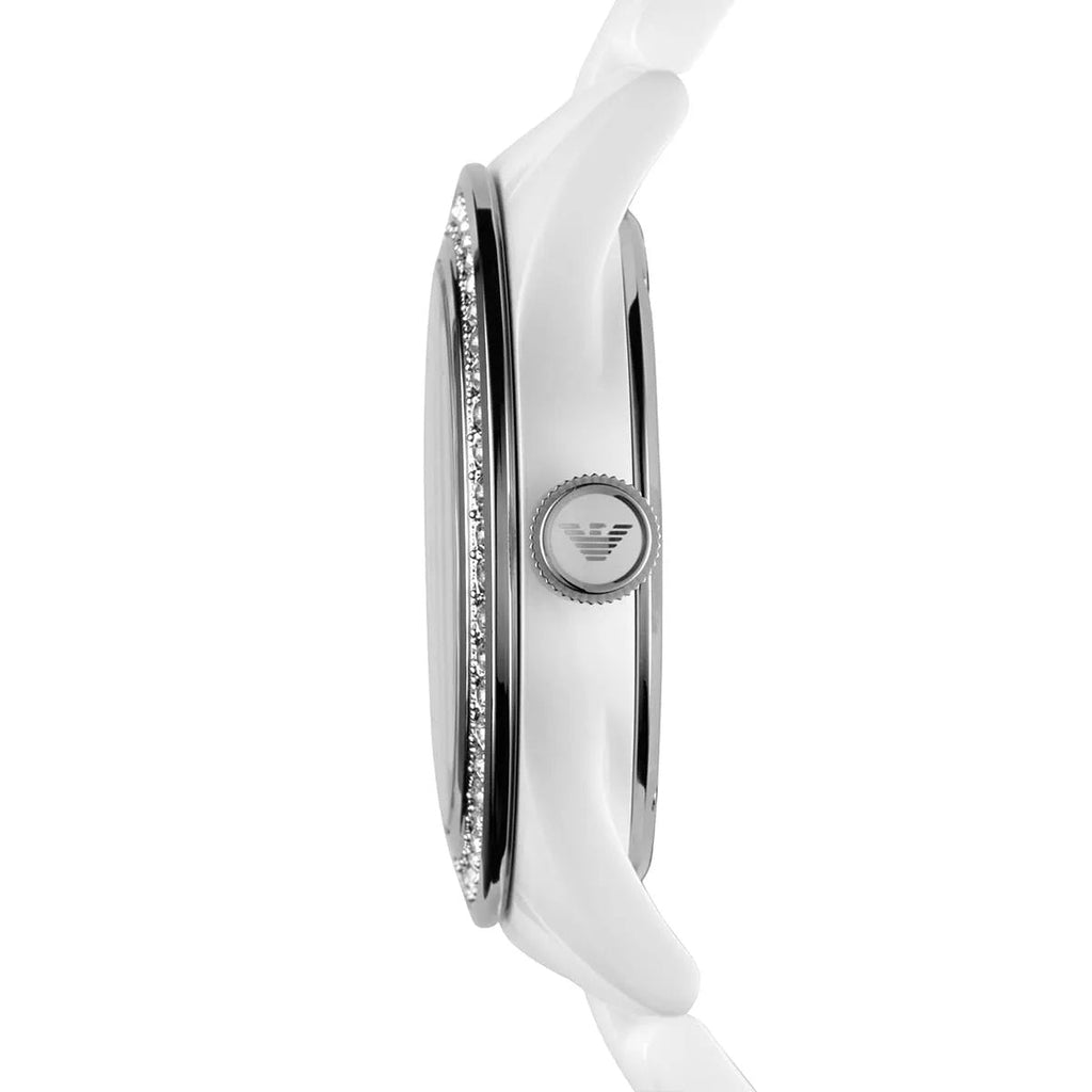 Emporio Armani AR1426 white ceramic watch side profile with crystals