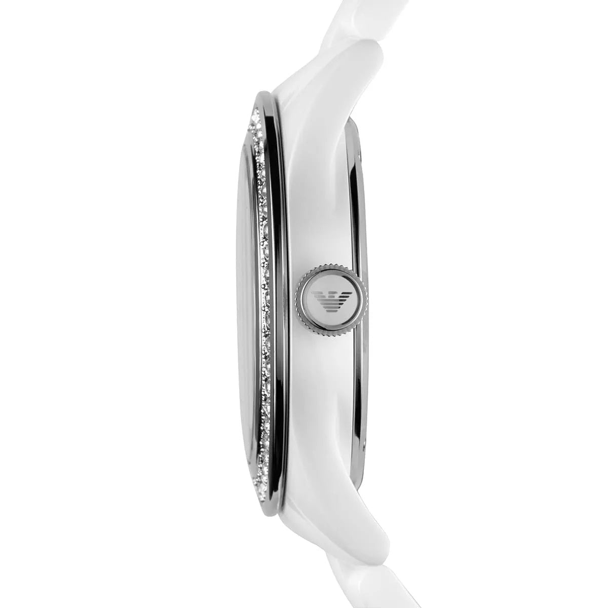 Emporio Armani AR1426 white ceramic watch side profile with crystals