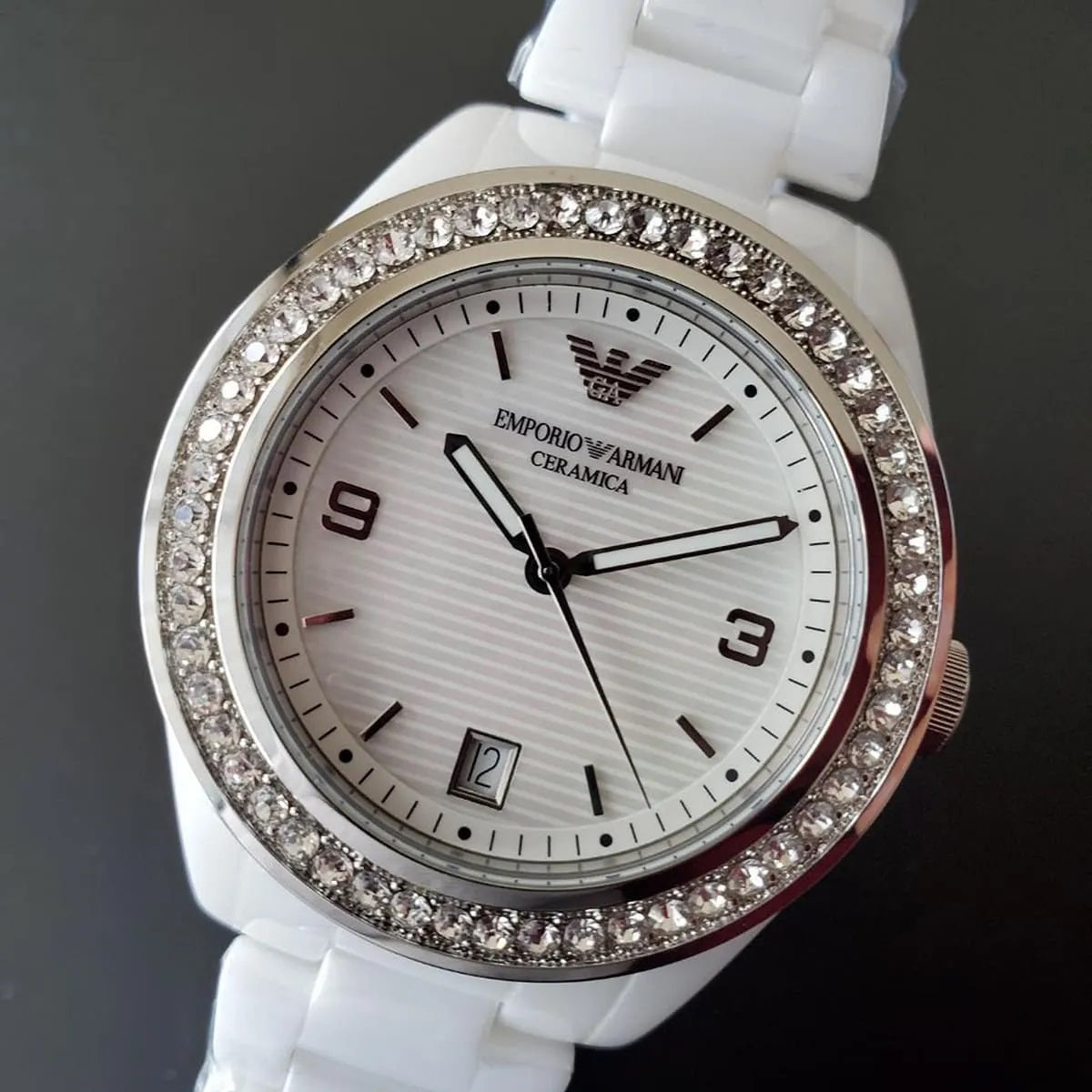 Emporio Armani AR1426 white ceramic watch with mother of pearl dial and crystals