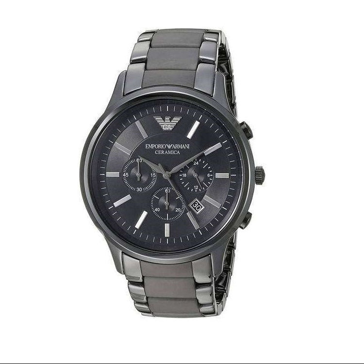 Emporio Armani AR1451 Ceramica black ceramic chronograph watch front view with black dial