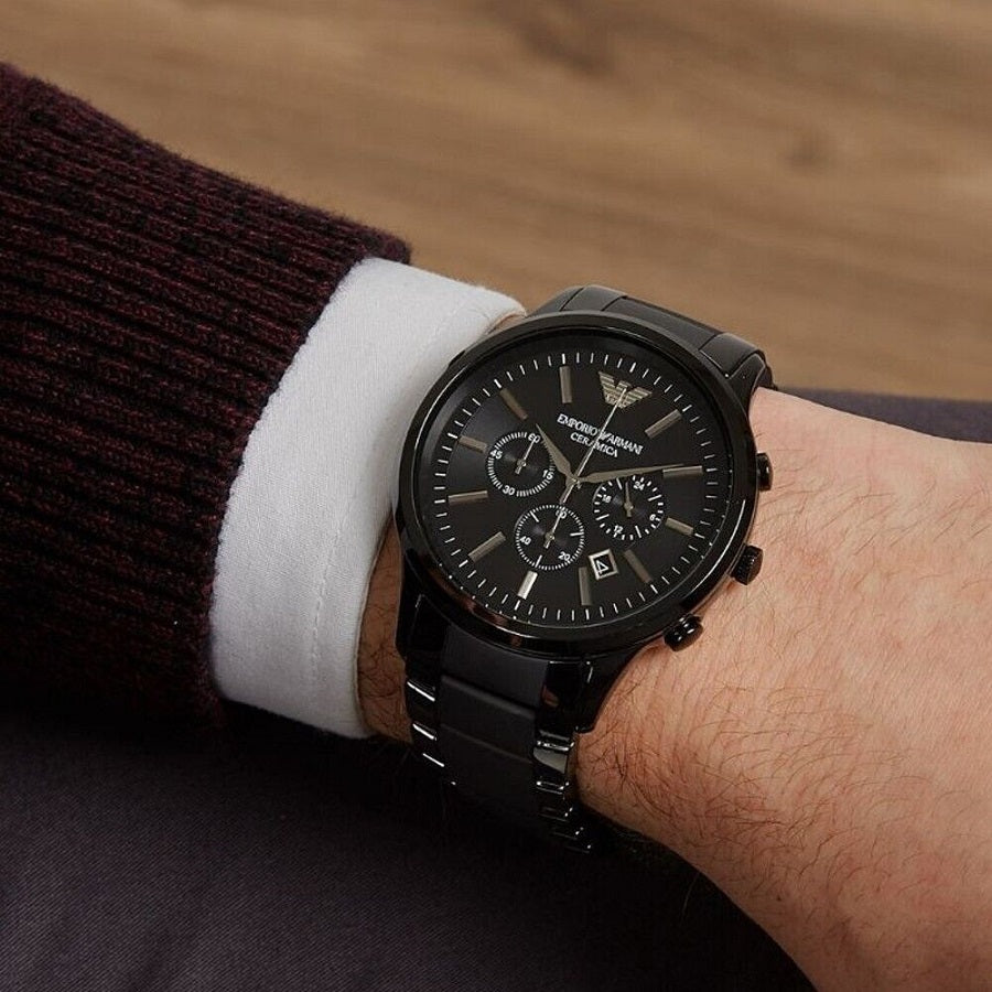 Emporio Armani AR1451 black ceramic chronograph watch on wrist