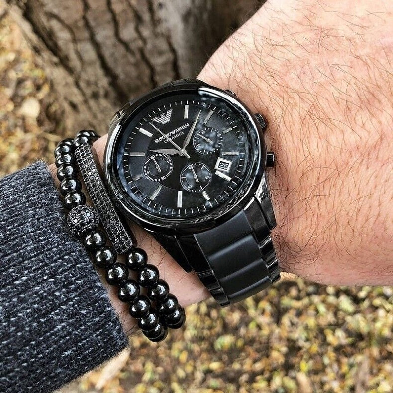 Emporio Armani AR1452 black ceramic watch close-up on wrist