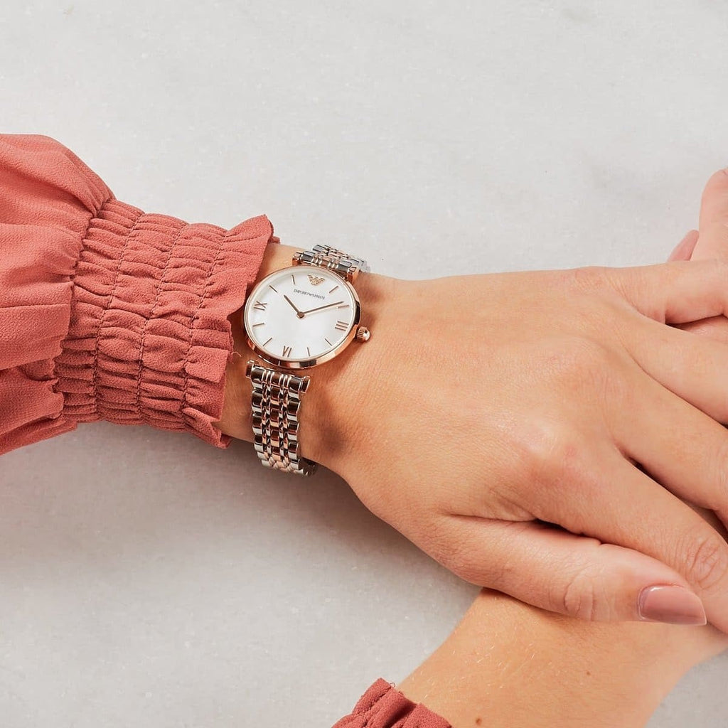 Emporio Armani AR1683 two-tone women’s watch on wrist