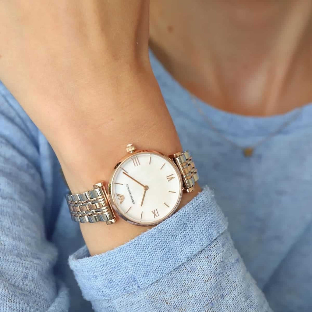 Emporio Armani AR1683 mother-of-pearl watch close-up on wrist