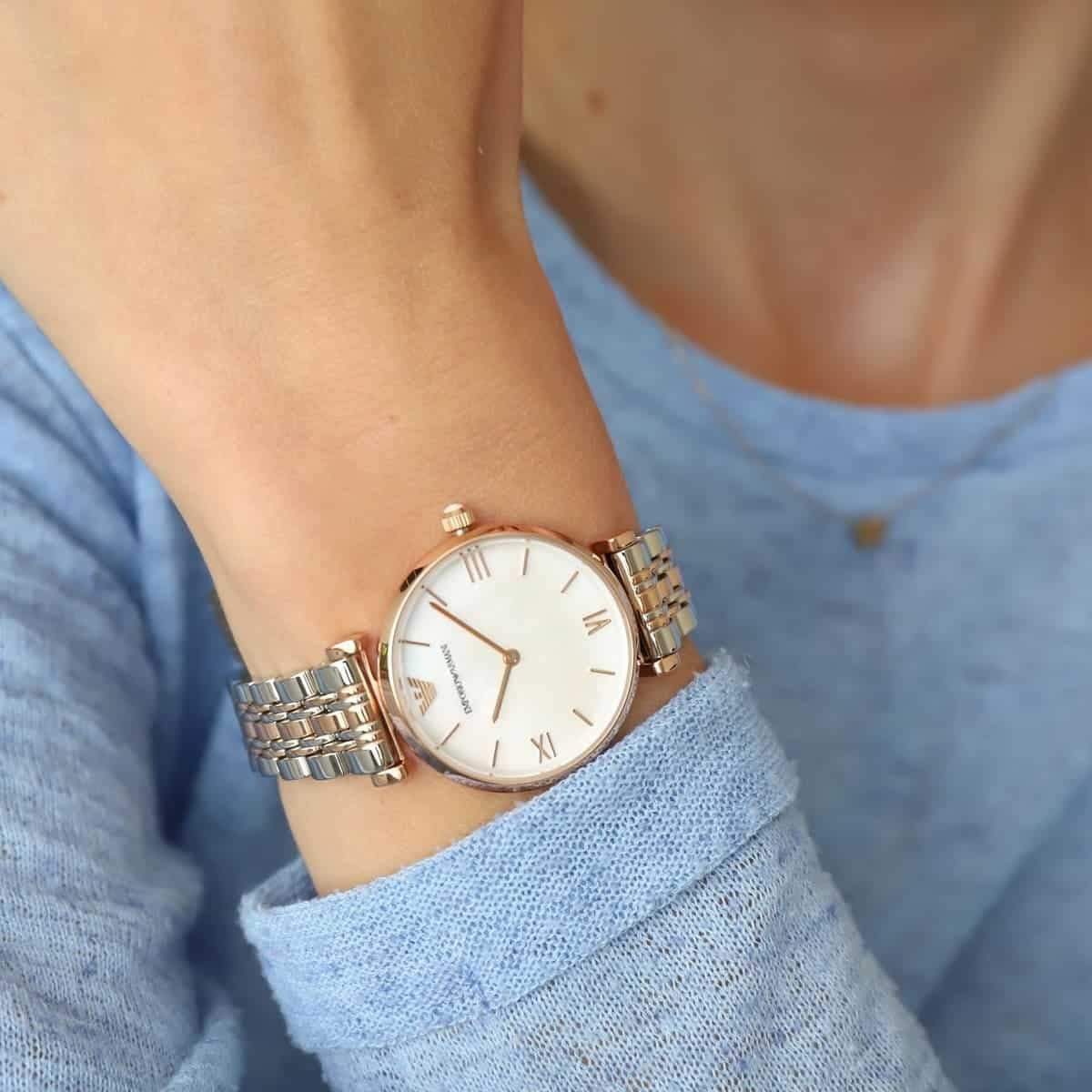 Emporio Armani AR1683 mother-of-pearl watch close-up on wrist