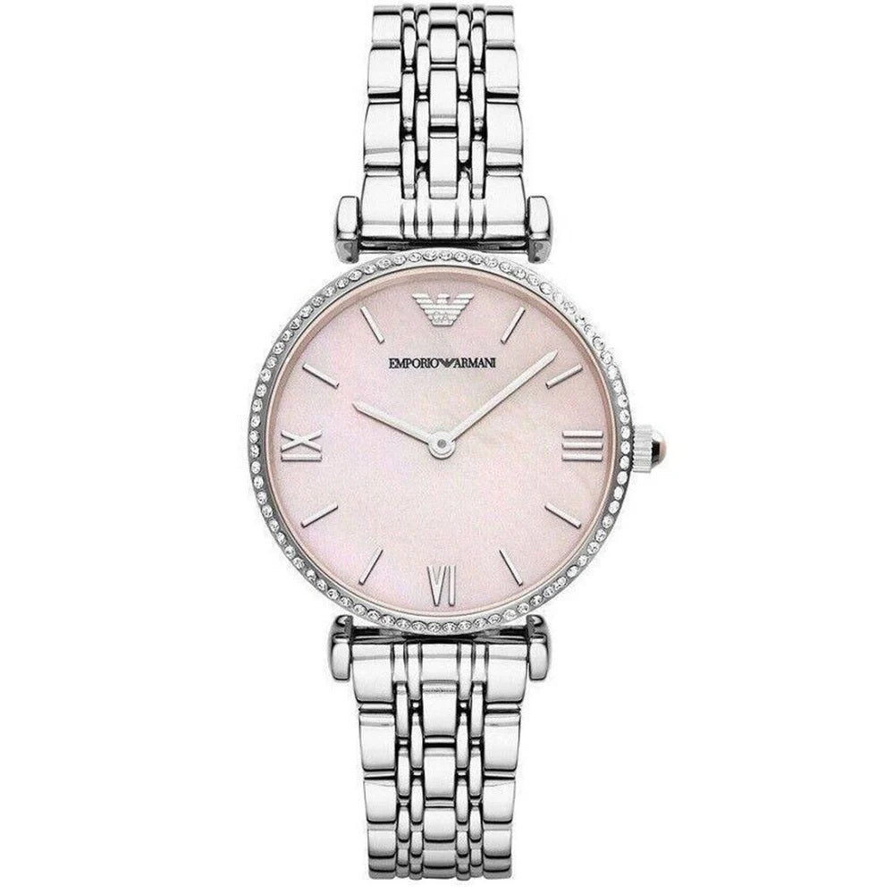 Emporio Armani AR1779 Gianni T-Bar women’s watch front view with pink dial