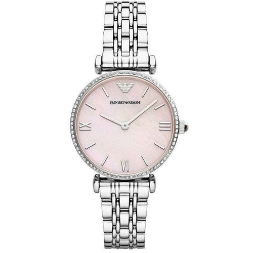 Emporio Armani AR1779 Gianni T-Bar women’s watch front view with pink dial