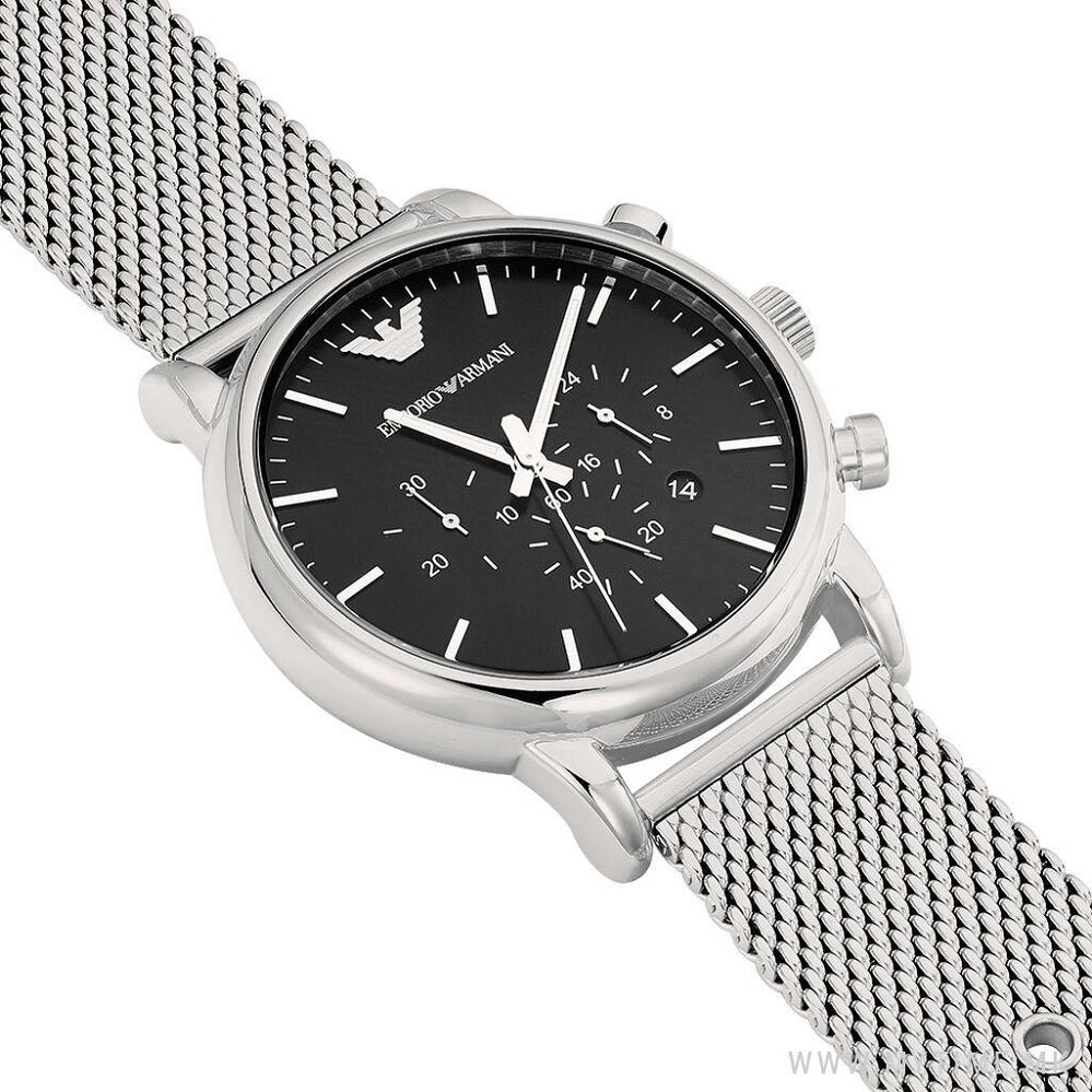 Emporio Armani AR1808 silver watch close-up with black dial