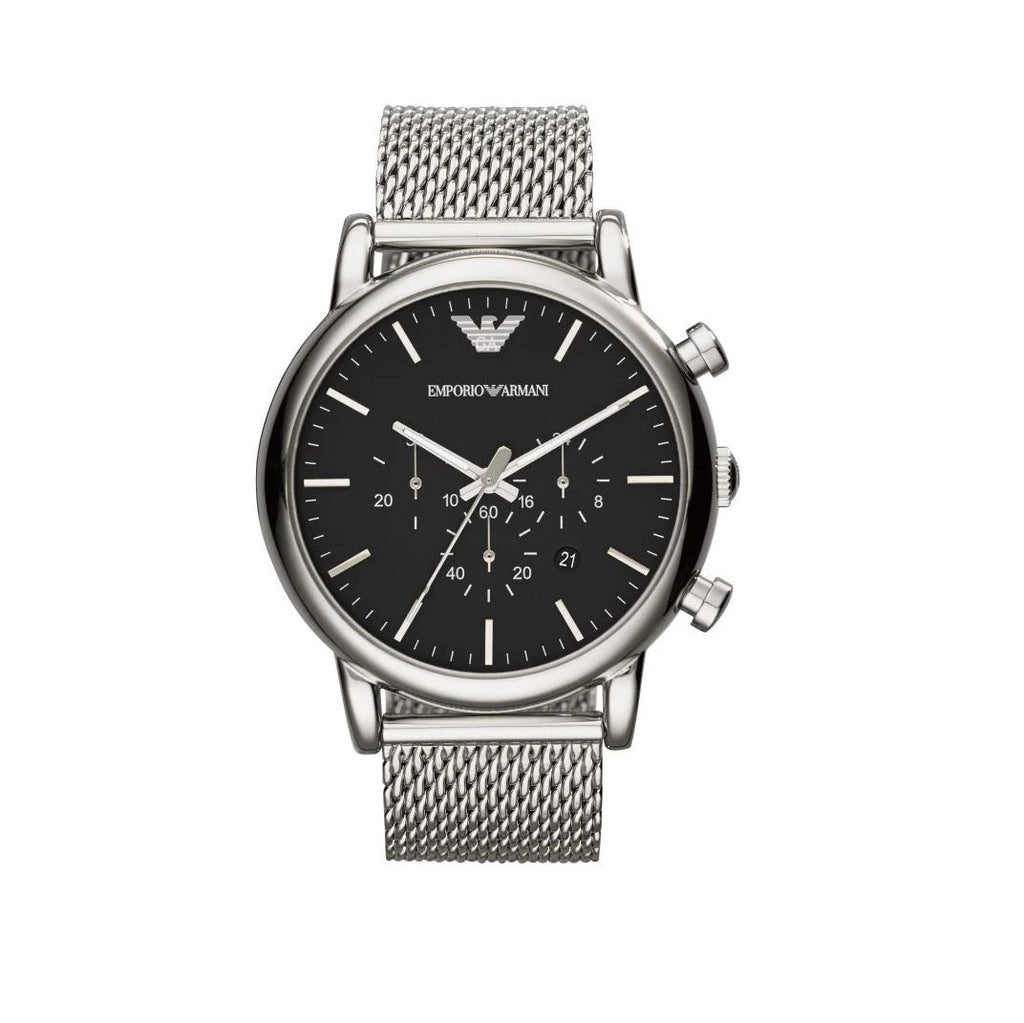 Emporio Armani AR1808 Luigi chronograph watch front view with black dial