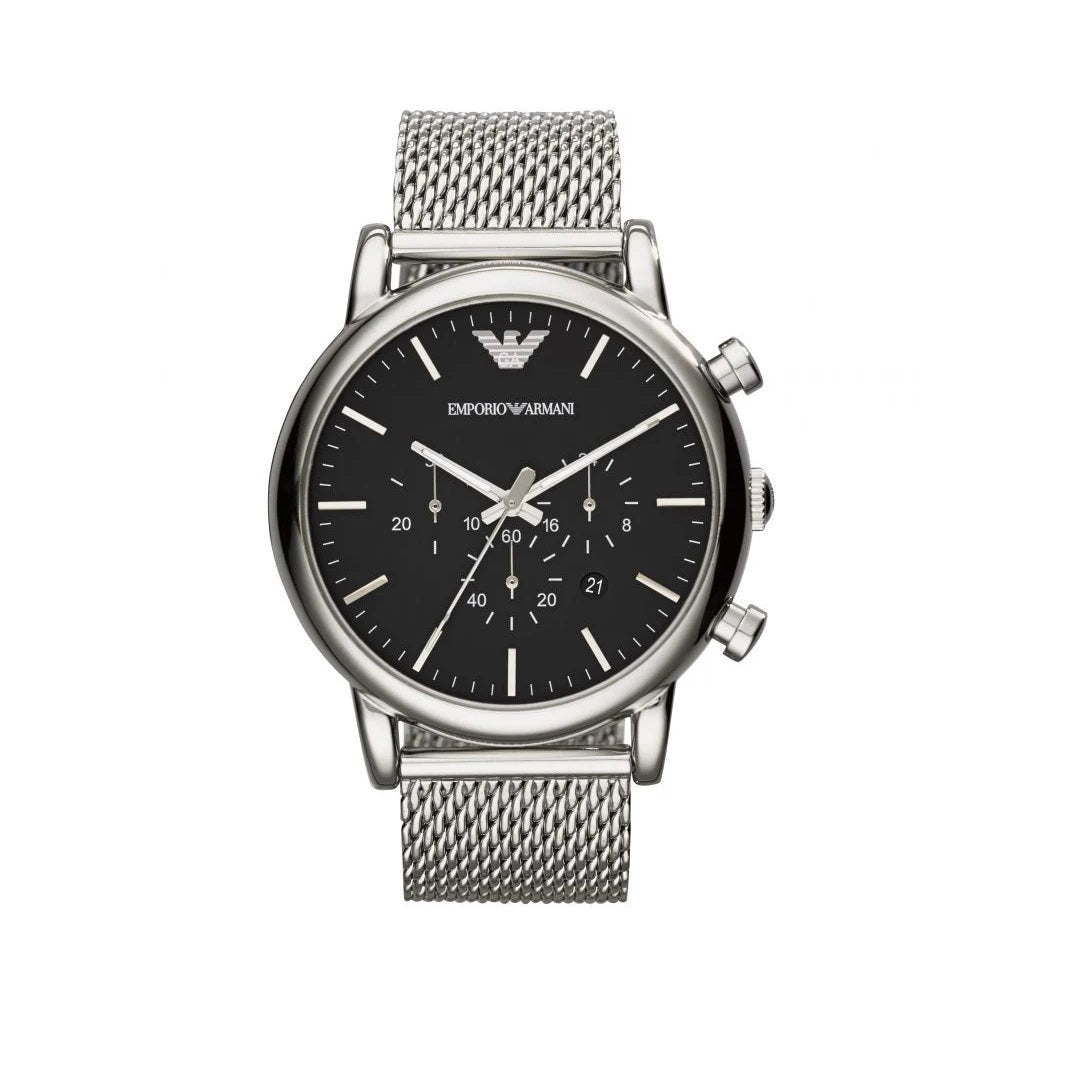 Emporio Armani AR1808 Luigi chronograph watch front view with black dial