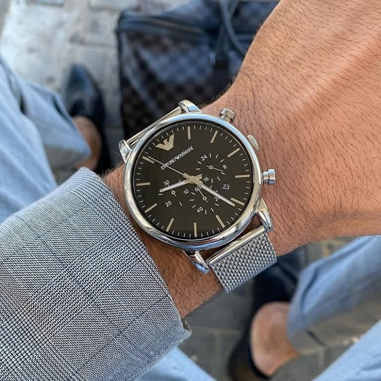 Emporio Armani AR1808 silver watch with black dial on wrist