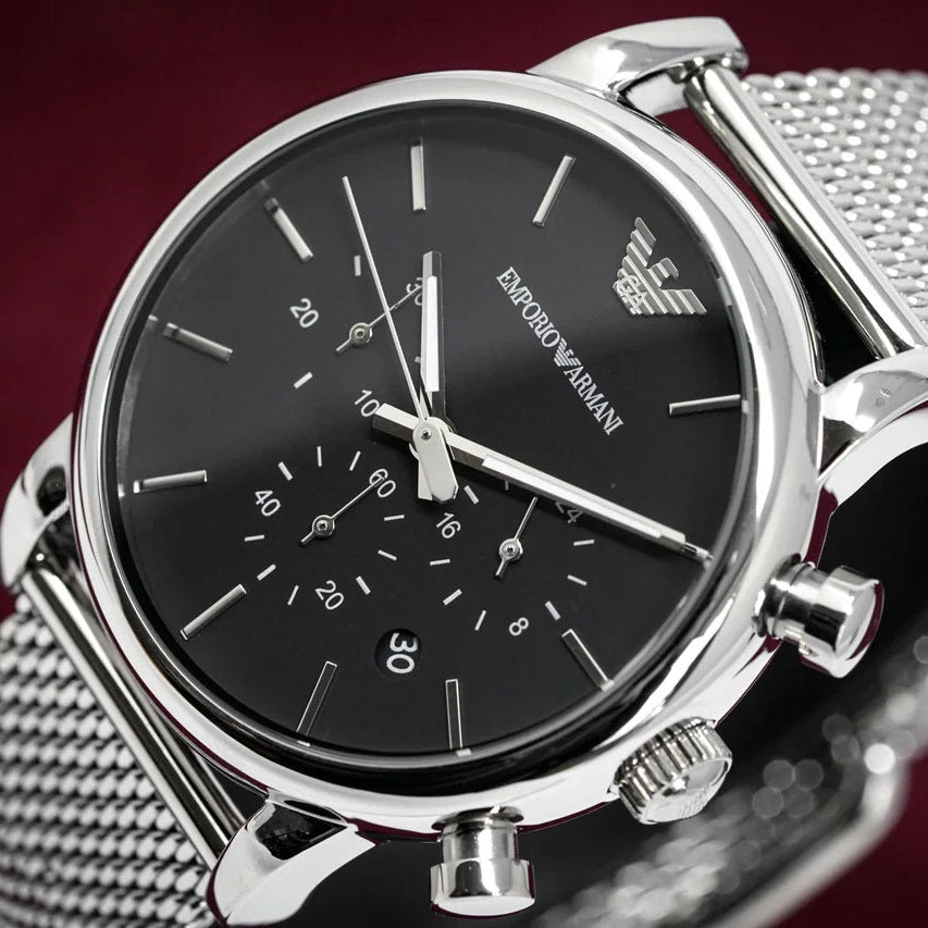 Emporio Armani AR1808 men’s silver mesh watch with black dial