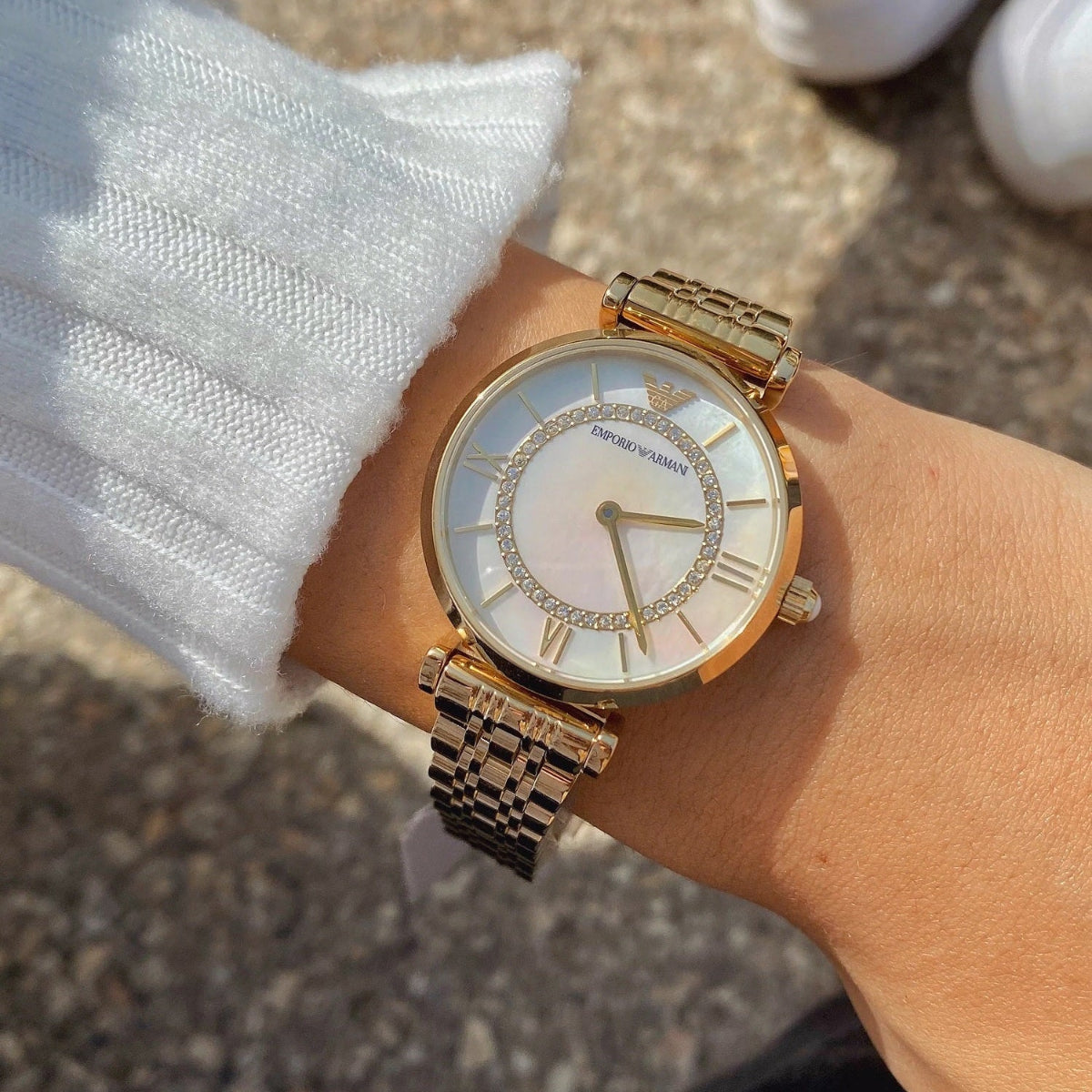 Emporio Armani AR1907 Gianni T-Bar ladies watch full wrist shot