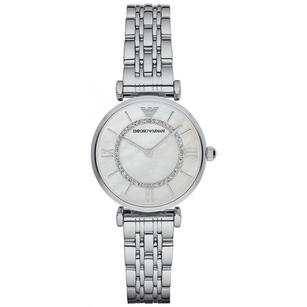 Emporio Armani AR1908 Gianni T-Bar silver watch front view with mother-of-pearl dial