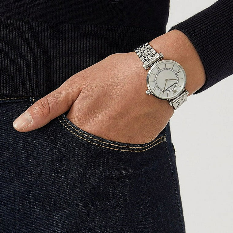 Emporio Armani AR1908 silver mother-of-pearl dial watch on wrist